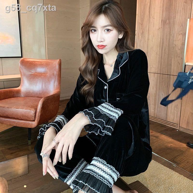 Bộ đồ ngủ màu vàng nhung INS của phụ nữ mùa xuân và thu dài tay đỏ lưới hương thơm nhỏ có thể được mặc bên
