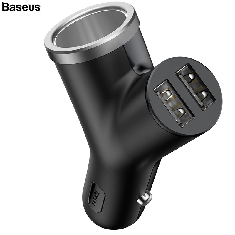 Củ sạc trên ô tô kiêm bật lửa hiệu Baseus y 2 cổng USB + Bật lửa