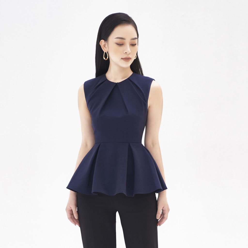 MOLLYNISTA- Áo Cassey xanh xếp cổ peplum