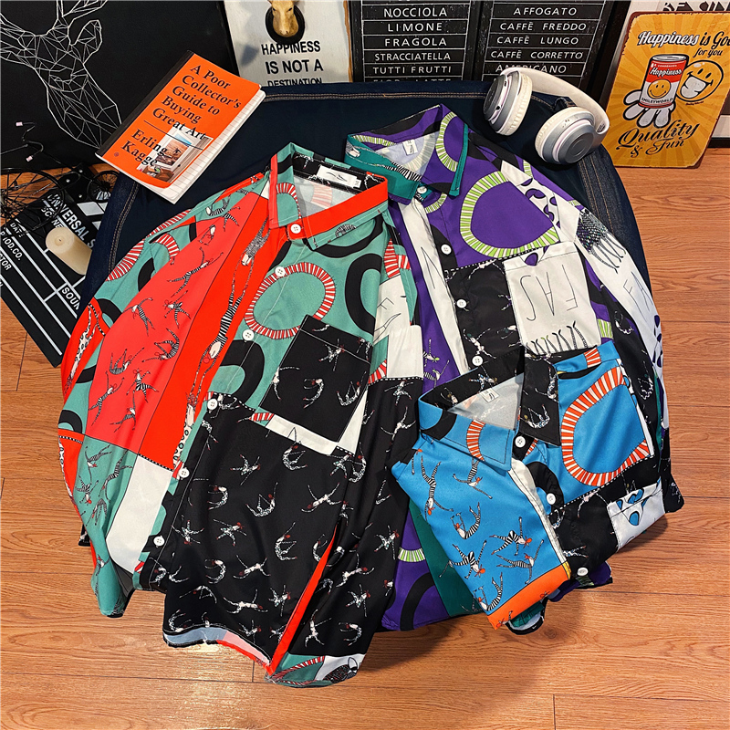 Korean fashion long-sleeved men's shirt 2021. Printed shirt. Personality model