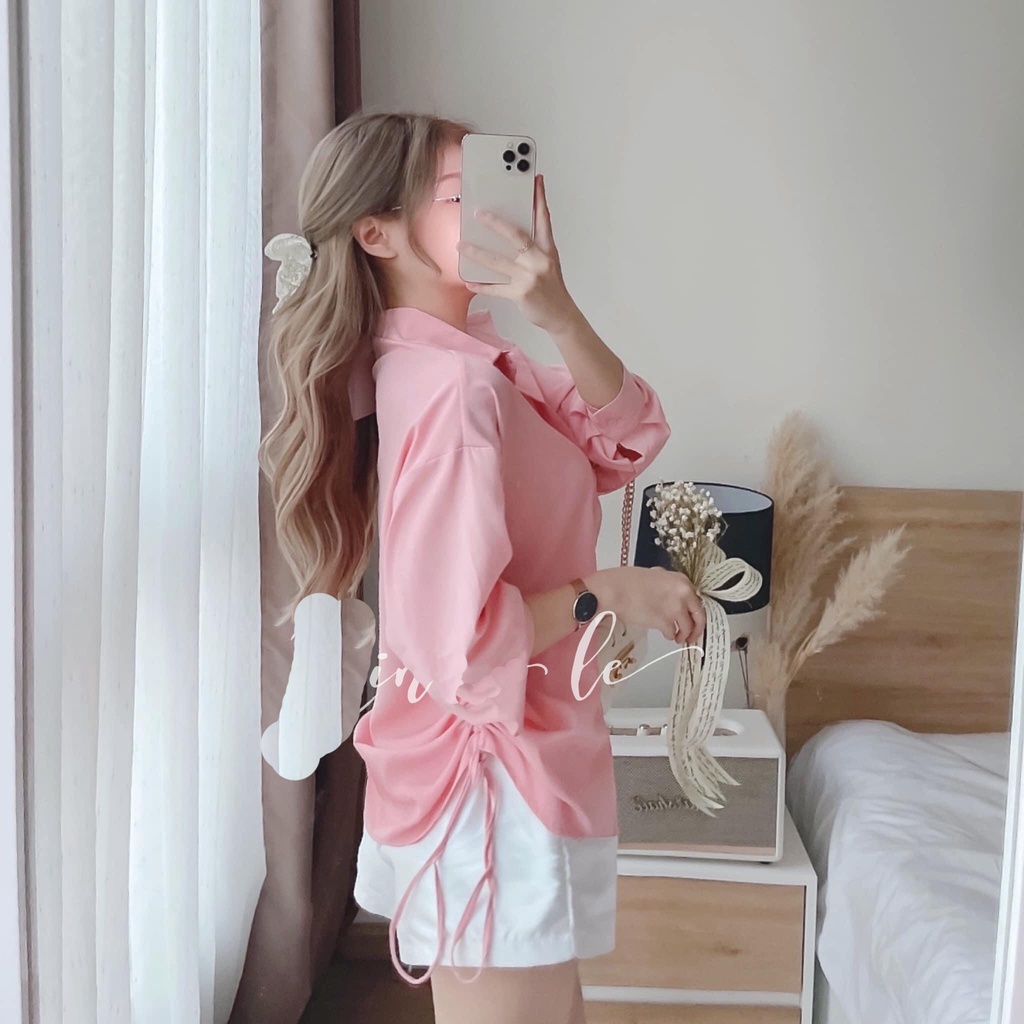 ÁO SƠ MI NỮ TAY PHỒNG PHỐI 2 DÂY RÚT HÔNG CỔ BẺ CÀI NÚT MÀU TRẮNG HỒNG CAO CẤP HADI SIÊU TIỂU THƯ ĐẲNG CẤP QUÝ NÀNG