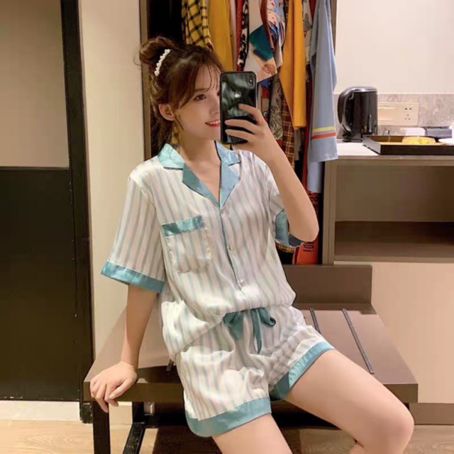 Bộ Đồ Ngủ Lụa Satin Mặc Nhà Pijama Cao Cấp Hoạ Tiết Kẻ Sọc H98 ( kèm video)