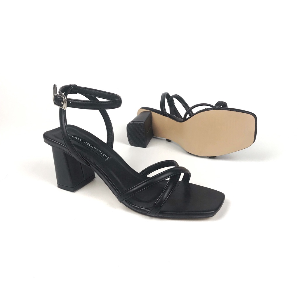 Giày sandal gót vuông 5p HADU G571 quai mảnh chữ X da PU cao cấp hàng vnxk