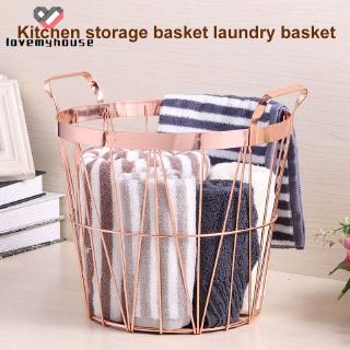 ☁ி☁ Rose Gold Round Iron Wire Storage Basket with Handles for Kitchen Bathroom