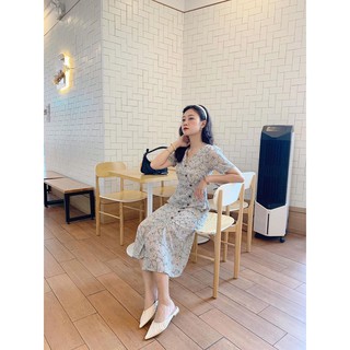 Đầm hoa vạt chéo nhiều nút