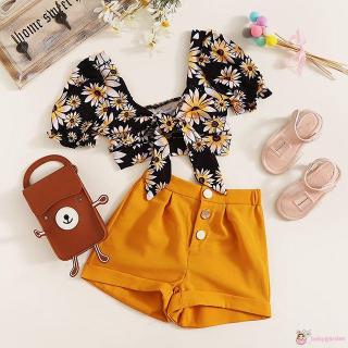 Set Áo Croptop+Quần Sọt Hoạ Tiết Hoa Cho Bé Gái