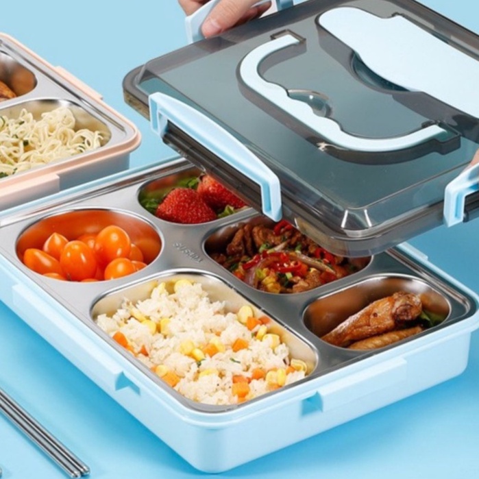 (Khay cơm) Hộp cơm văn phòng khay Inox 5 ngăn, có giá để điện thoại + thìa đũa Inox cao cấp [Có Bảo Hành]