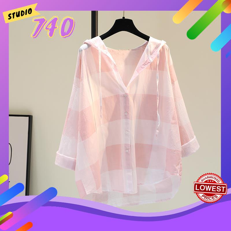 Áo Choàng Chống Nắng Có Mũ Trùm Đầu Chất Liệu Cotton Lanh Họa Tiết Sọc Caro Phong Cách Hàn Quốc