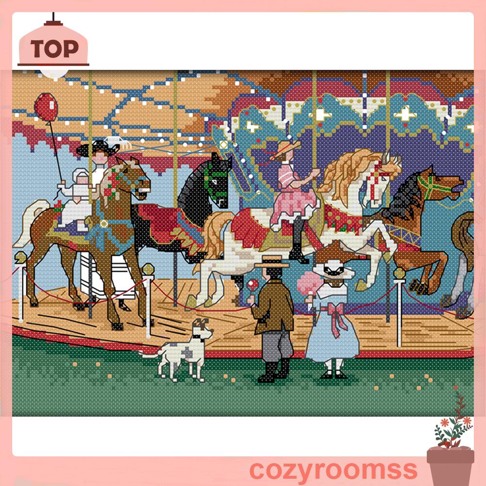 cozyroomss Full Cross Stitch Eco-cotton Thread 14CT DIY Printed Carousel Two Craft Kit