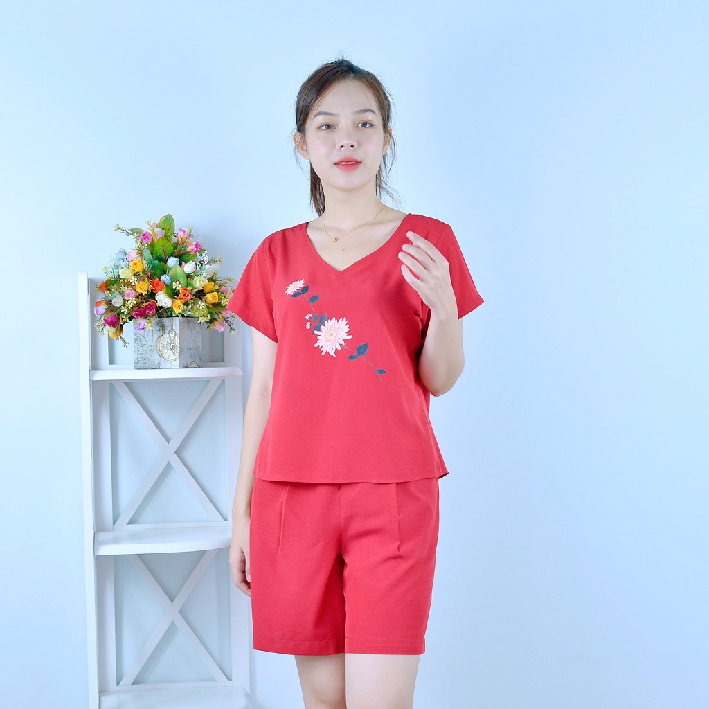 Bộ đồ nữ  MÀU ĐỎ CỔ TIM IN HOA  - vải lụa cao cấp - Cực Kì Sang Chảnh