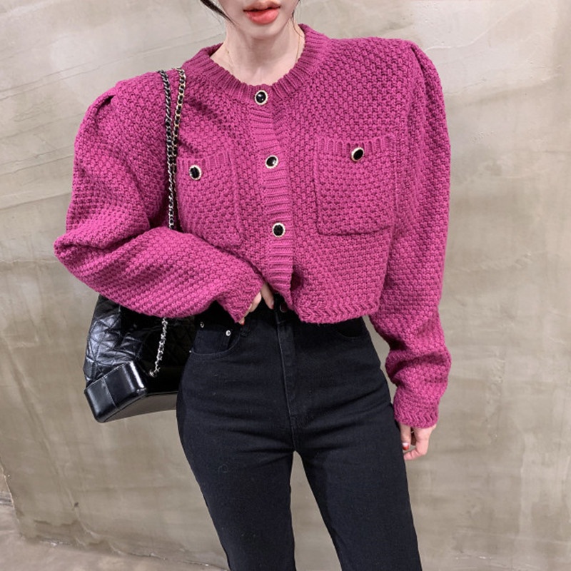 Áo khoác cardigan dệt kim cổ tròn tay phồng thiết kế hai túi có cài nút thời trang cho nữ | BigBuy360 - bigbuy360.vn
