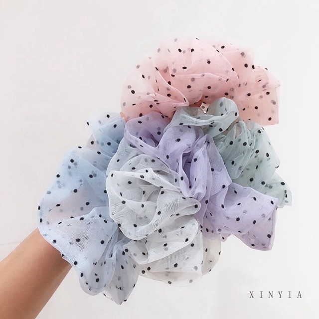 🥝Chun cột tóc Scrunchies voan lưới chấm bi