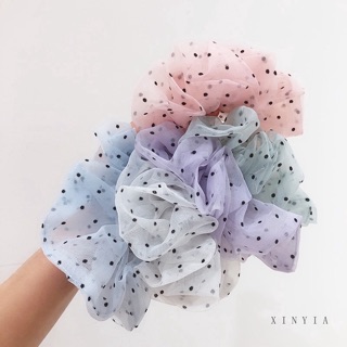 🥝Chun cột tóc Scrunchies voan lưới chấm bi