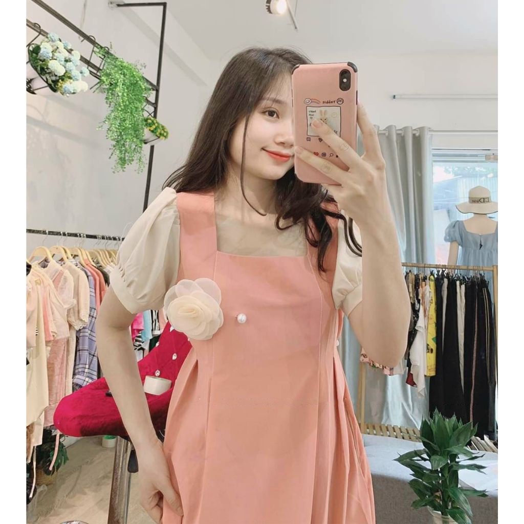 Đầm bầu cổ vuông hoa ngực M317 vải cát hàn thời trang thiết kế Mom and baby