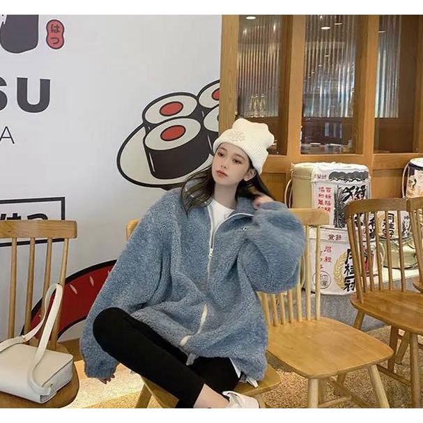 Áo khoác lông thêu chữ Pichi nam nữ cố bẻ kéo khóa form rộng màu trắng xám phong cách hàn quốc freesize wikishop C484