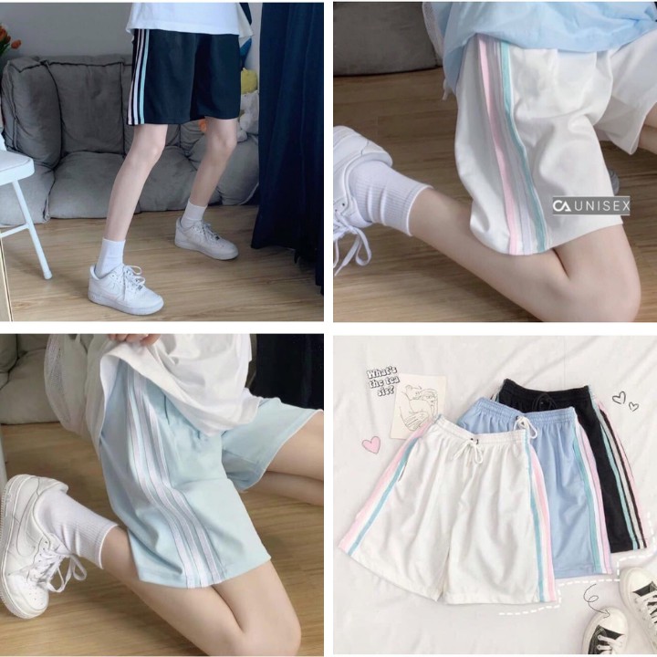 Quần Short Đùi 3 Sọc RAINBOW PEONYB Unisex - Shorts ống rộng cạp chun trơn màu ĐEN, TRẮNG, XANH Ulzzang