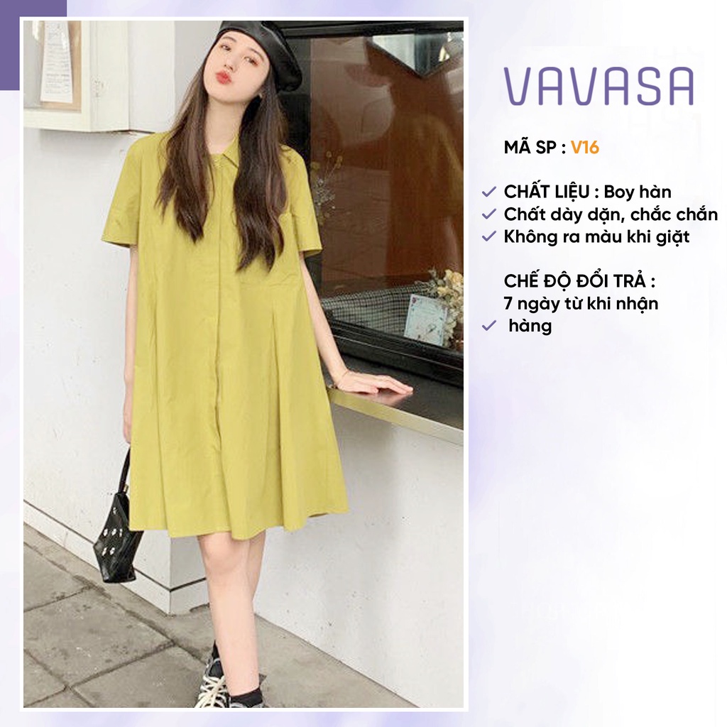 Đầm váy polo cổ sơ mi thô túi ngực xếp ly eo cộc tay ulzzang chất thô V16 VAVASA