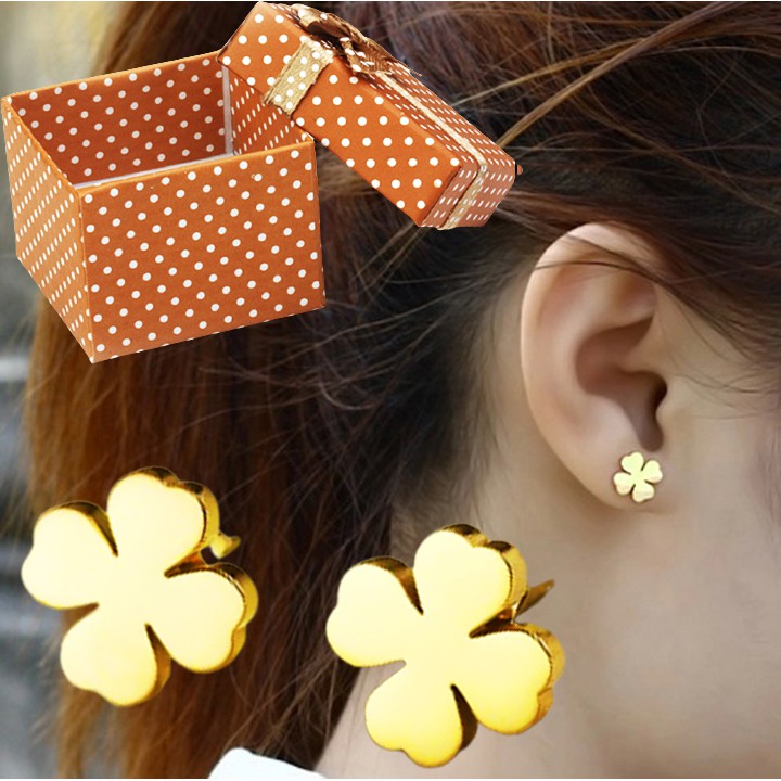 Bông tai titan cỏ 4 lá màu vàng siêu đẹp, bền màu, hợp thời trang - Tặng hộp đựng xinh xắn