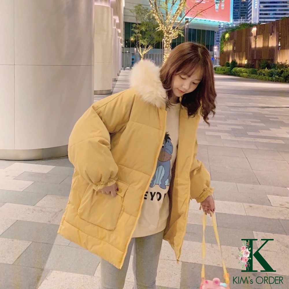 Áo khoác phao nữ màu đen be vàng xanh dài tay có mũ khoá kéo túi hai bên phong cách Hàn Quốc dáng rộng dày dặn | BigBuy360 - bigbuy360.vn