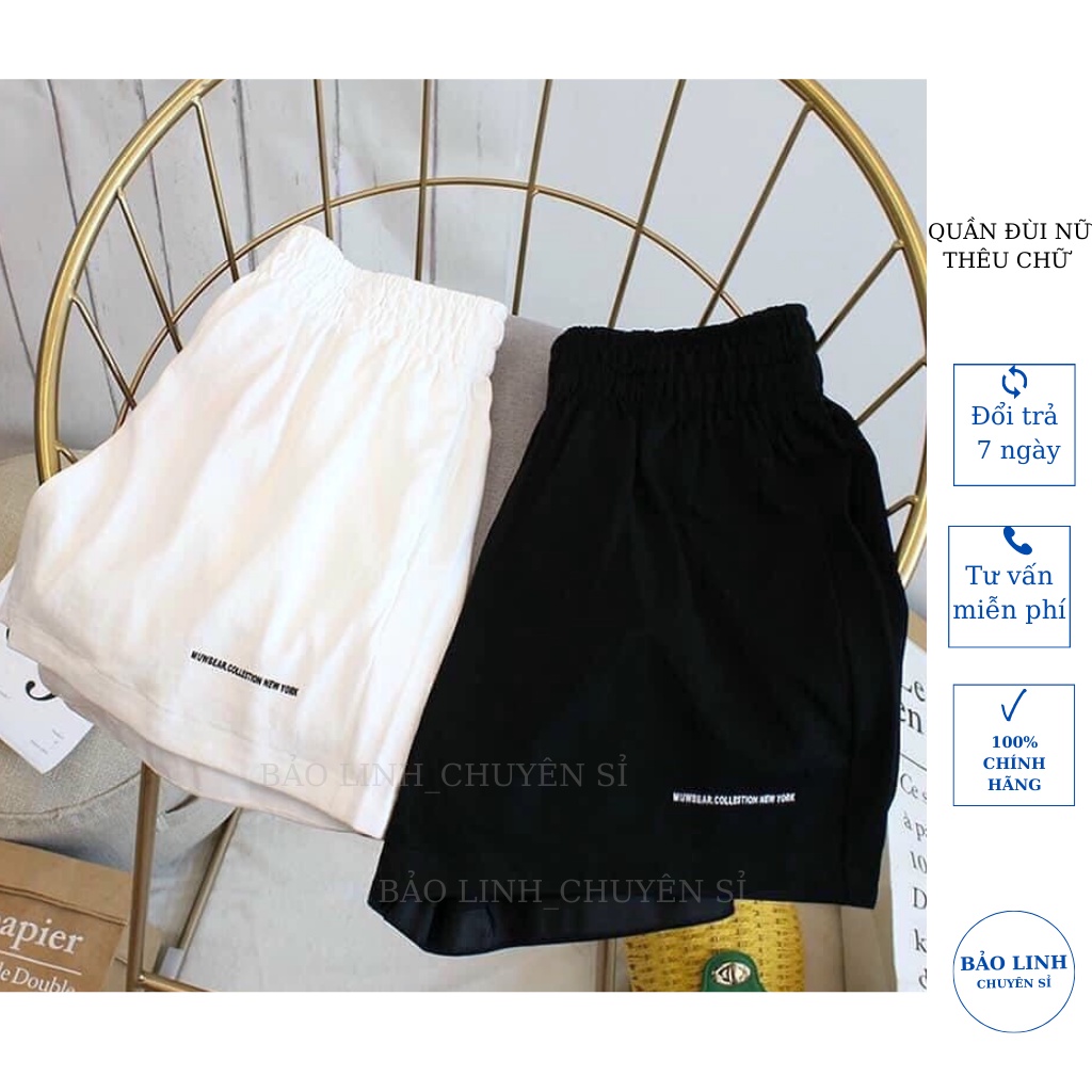 Quần đùi nữ lưng cao ống rộng thêu chữ chất liệu đũi mềm mại