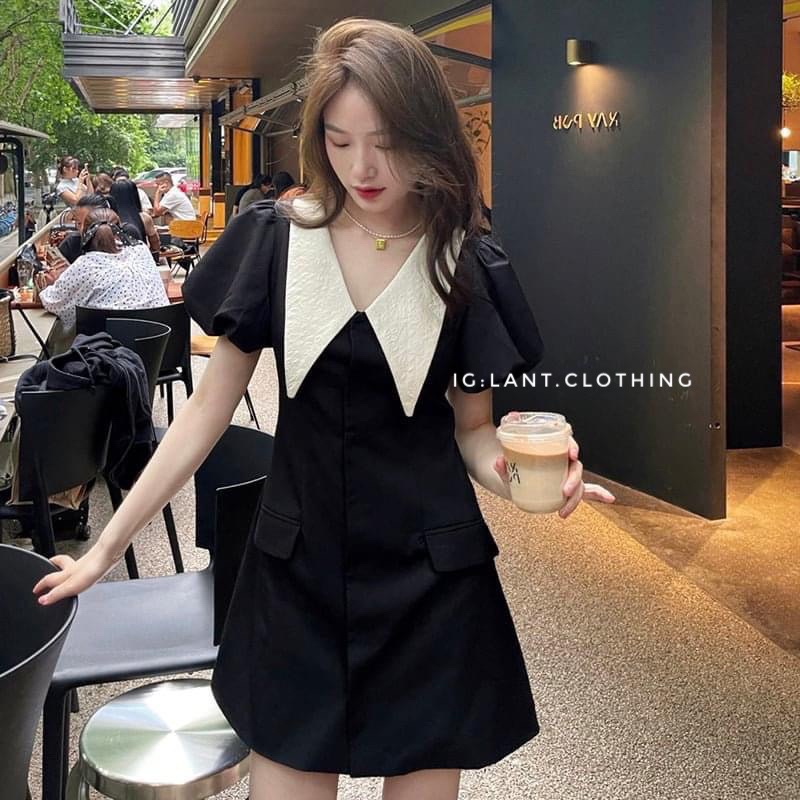 Váy cổ vạt nhọn pha trắng