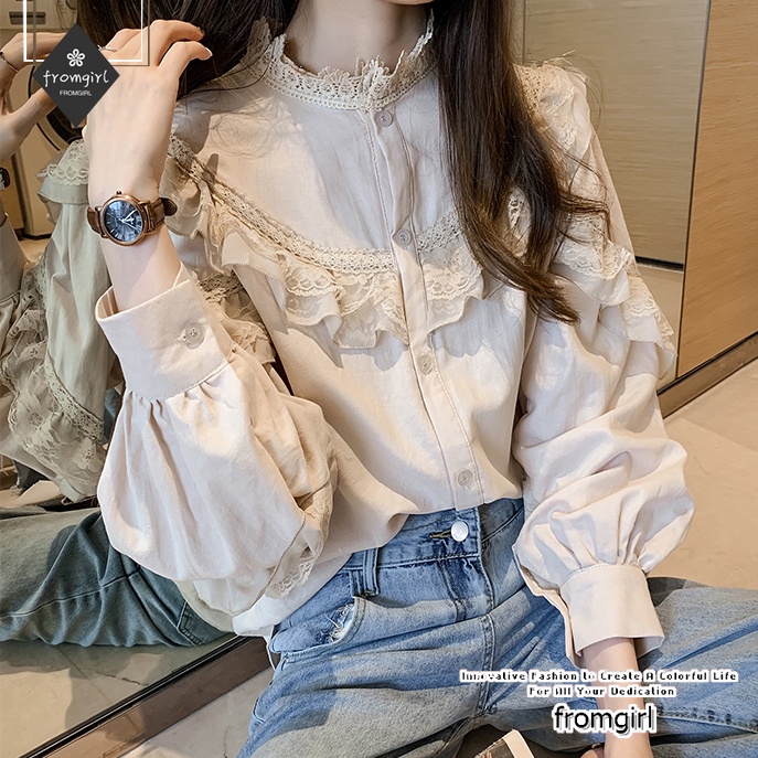 Áo Sơ Mi Tay Dài Cổ Tròn Phối Ren Mỏng Thời Trang Mùa Thu Kiểu Pháp Cổ Điển Ngọt Ngào Mới Cho Nữ