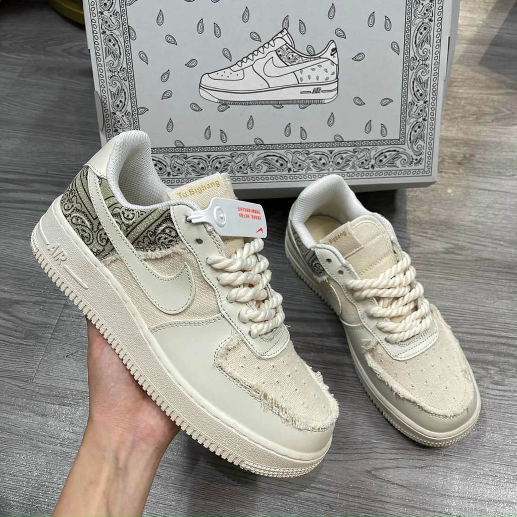 Giày thể thao AF1 dây thừng họa tiết Paisley màu kem, Giày sneaker thổ cẩm dây thừng nam nữ đi siêu êm