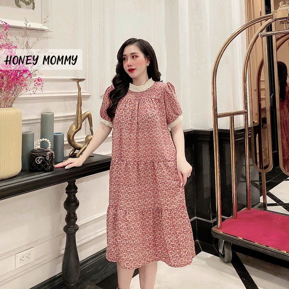 Váy Bầu Hoa Nhí Cổ Ren Mùa Hè Kèm Đai Thắt HD2821 Honey Mommy Đầm Bầu Công Sở Dáng Dài