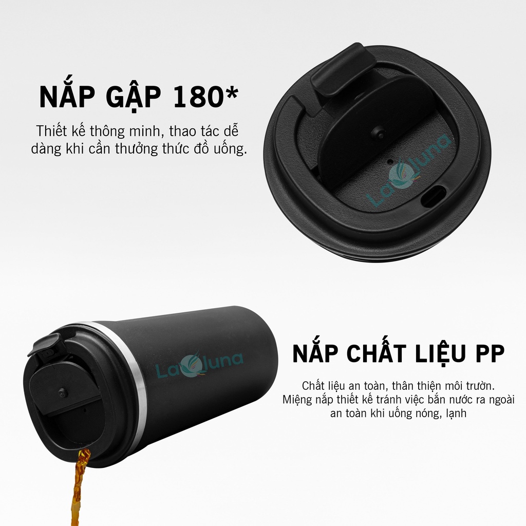 Ly giữ nhiệt 510ml KHẮC TÊN cốc coffee Lalunavn inox 304 giữ lạnh 12h tặng + Sticker trang trí
