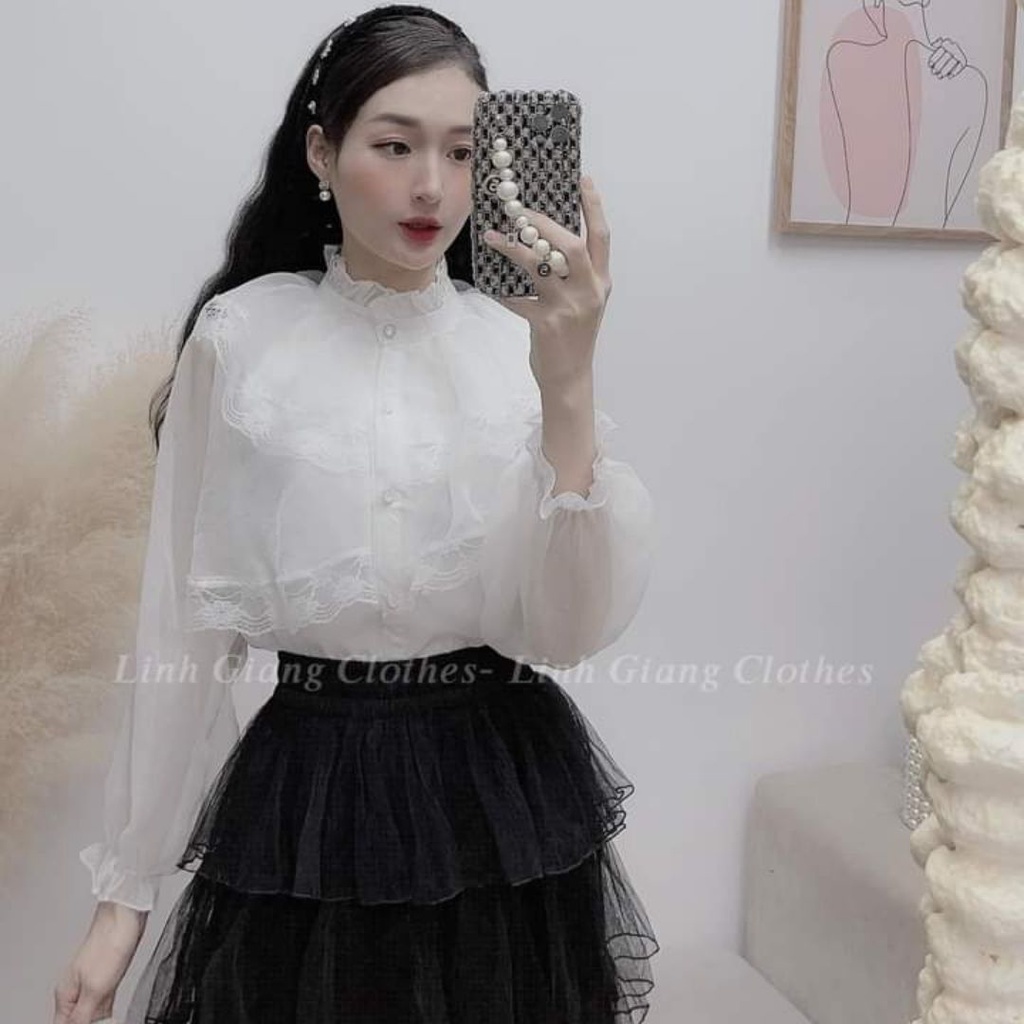 Áo nữ kiểu phối ren cổ bèo tay phồng babydoll dáng sơ mi cổ tròn tay phồng nữ tính tiểu thư bánh bèo Liaofashion