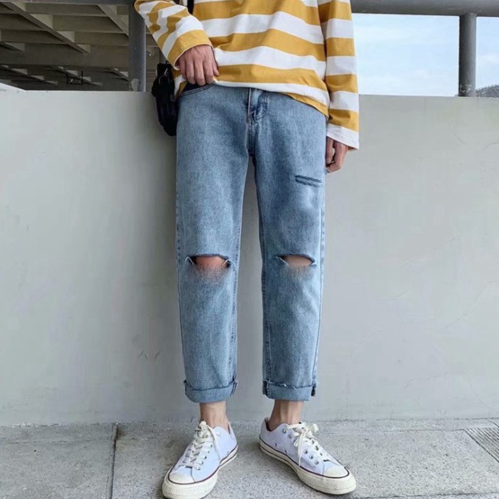 Quần Jeans Baggy Nam Đen Rách Gối Ống Rộng Suông Dáng Đứng Cạp Cao Vải Co Giãn Nhẹ Không Xù Lông Không Bai Gião