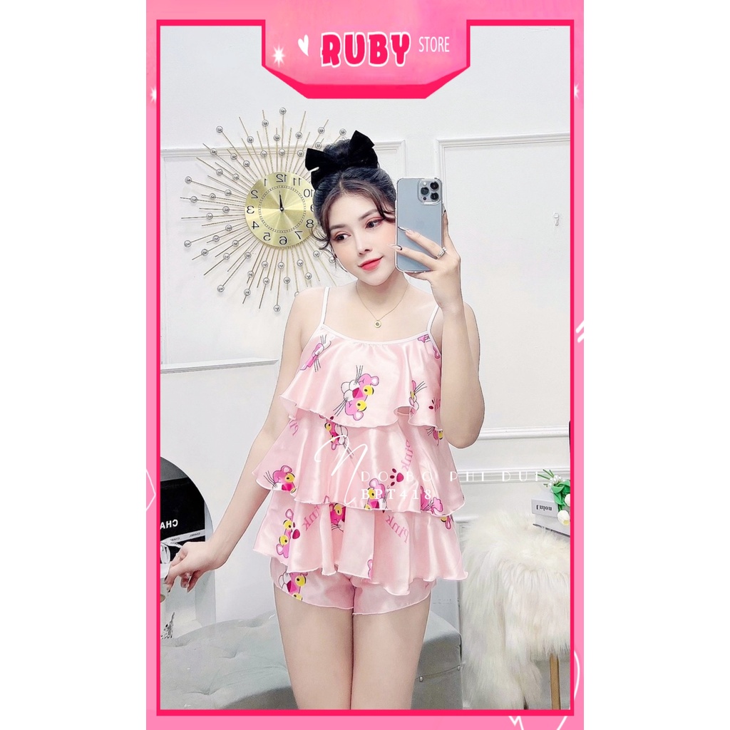 Đồ bộ sexy cho nữ mặc nhà chất phi bóng mềm mát in hình gấu hoạt hình dễ thương BPT418