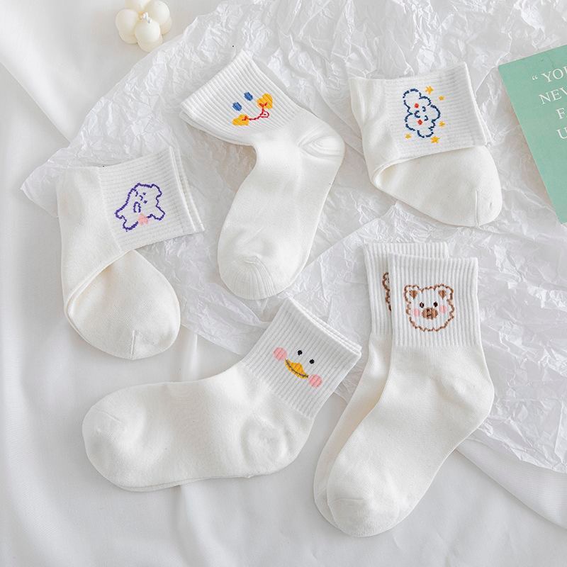 Bộ 5 đôi tất vớ nữ cổ ngắn màu trắng thú vui nhộn Freesize