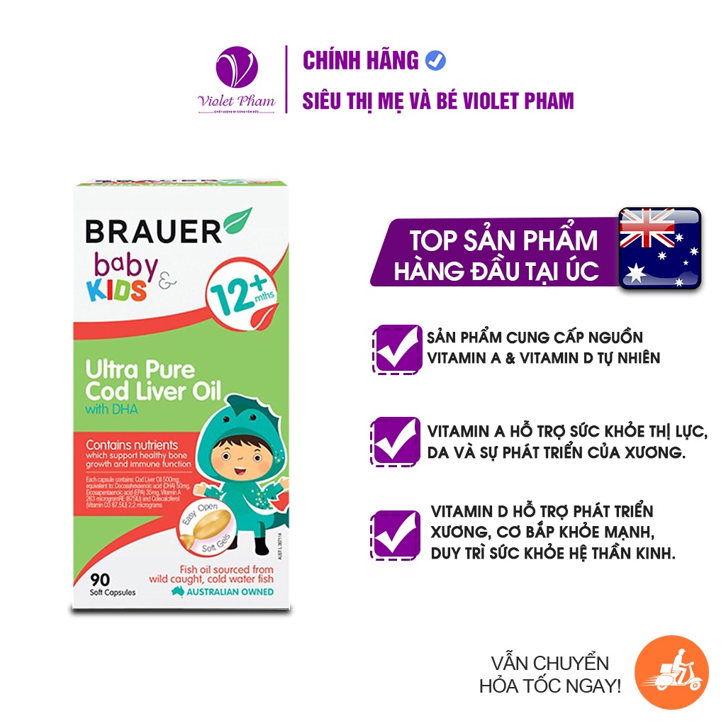Dầu gan cá tuyết siêu tinh khiết kết hợp DHA Brauer cho bé trên 1 tuổi (90 viên)