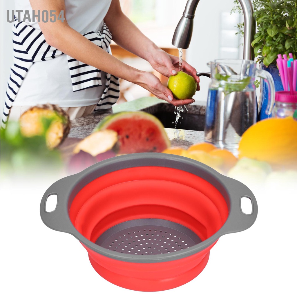 Hàng Sẵn Rổ thoát nước Silicone hình tròn Gấp Gọn có tay cầm để rửa trái cây rửa rau cho nhà bếp【Utah054】