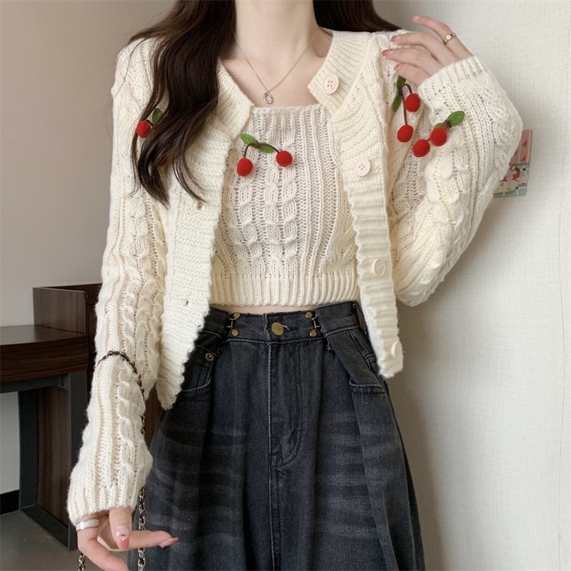 Áo Khoác Len Không Tay Kèm Áo Cardigan In Hình Trái Cherry Thời Trang Cho Nữ