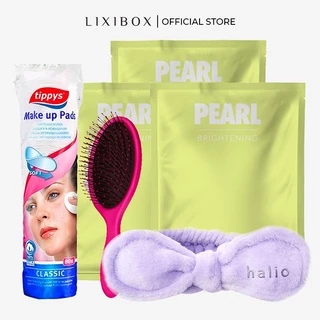 [HB Gift] Combo Bông tẩy trang Tippys, Lược Lixibox, Băng đô Halio tím, 3 Mặt nạ Lixibox Pearl