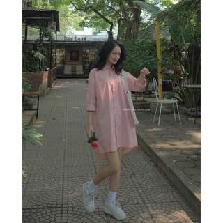Váy sơ mi cổ đức oversize, váy sơ mi basic trên gối cổ đức Bazic one