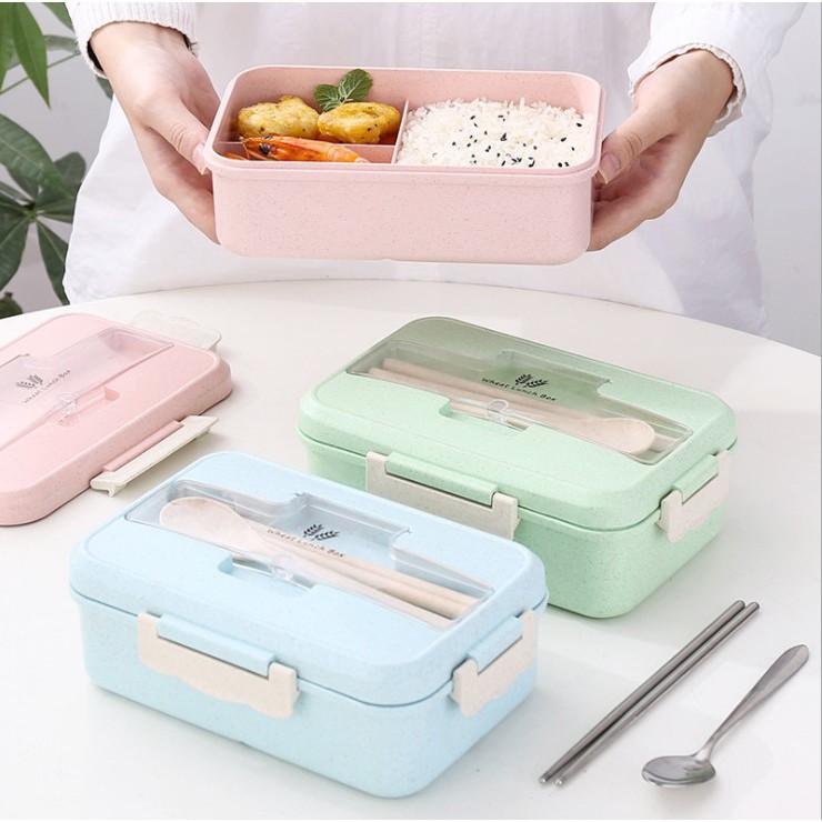 Hộp Đựng Cơm Ăn Trưa Văn Phòng 3 Ngăn  - Lúa Mạch - Kèm Đũa và Thìa | BigBuy360 - bigbuy360.vn