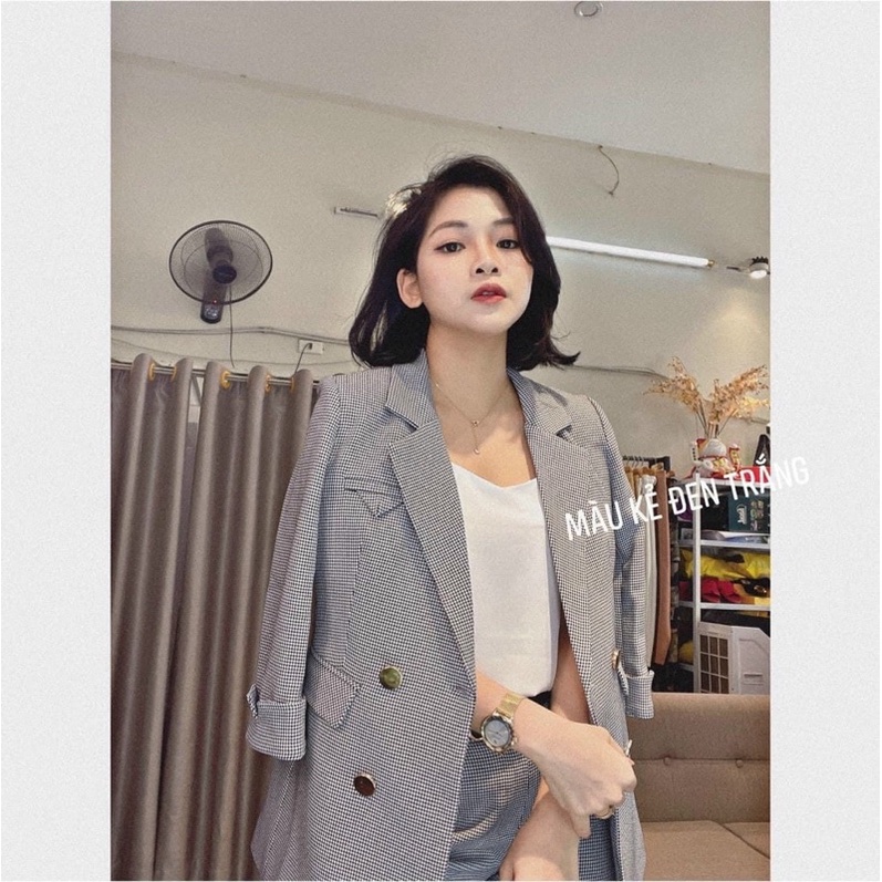 Áo blazer kẻ thiết kế 2 lớp nắp túi tam giác