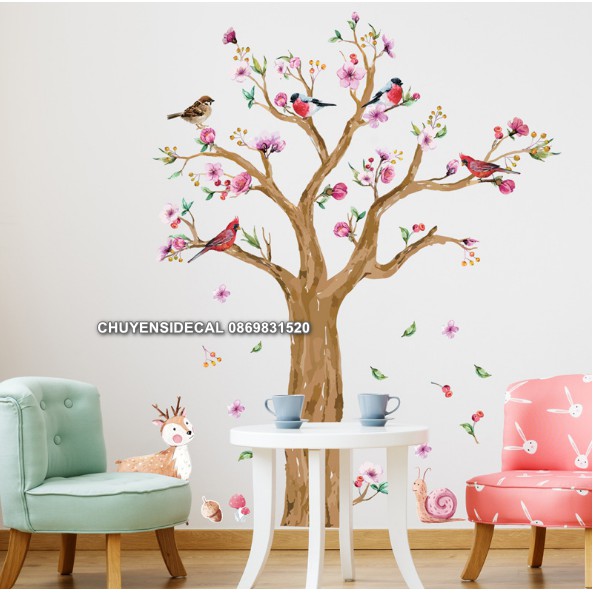 decal dán tường - Cây Hồng nhạt dịu dàng ( 2 tấm )