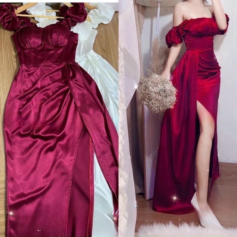 Váy Thiết Kế Body Trễ Vai Nhún Tà Dài Dự Tiệc Chất Phi Lụa Free Size V307 Màu Trắng Đỏ AĐ BOUTIQUE