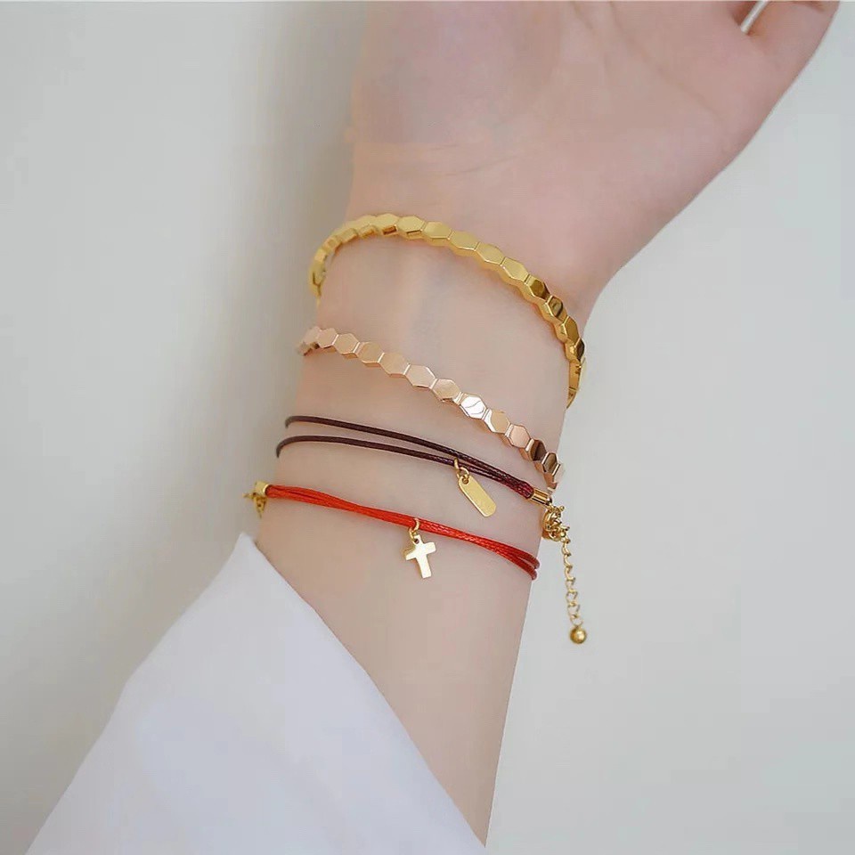 Vòng Tay Mạ Vàng Hồng 18K Hình Tổ Ong Đính Kim Cương Phong Cách Mori Hàn Quốc Cho Cặp Đôi