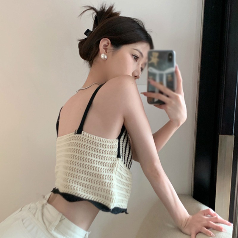 Áo Croptop Dệt Kim Không Tay Cổ Chữ V Màu Sắc Tương Phản Thời Trang Mùa Hè Dành Cho Nữ
