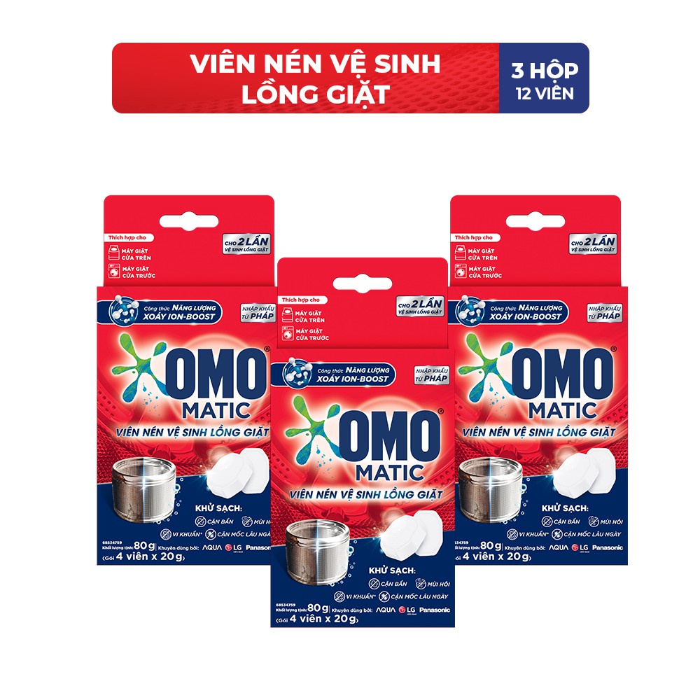 Combo Giặt Ủi: 3 Túi viên giặt OMO-Khử Mùi, 12 Viên nén vệ sinh lồng giặt OMO Matic, Nước xả Comfort cho da nhạy cảm