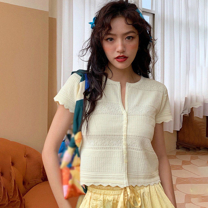 Áo Dệt Kim Tay Ngắn Cổ Chữ V Hở Rốn Thời Trang Cho Nữ