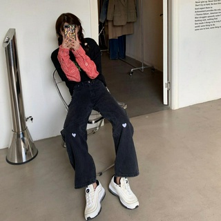 Quần Jeans Ống Rộng Lưng Cao Thêu Hình Trái Tim Phong Cách Hàn Quốc Dành Cho Bé Gái