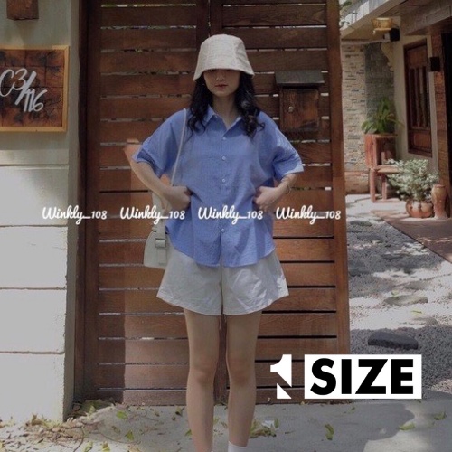 Set bộ áo sơ mi vạt chéo kẻ xanh mix quần shorts trắng freesize phù hợp đi học đi chơi 1sizeshop