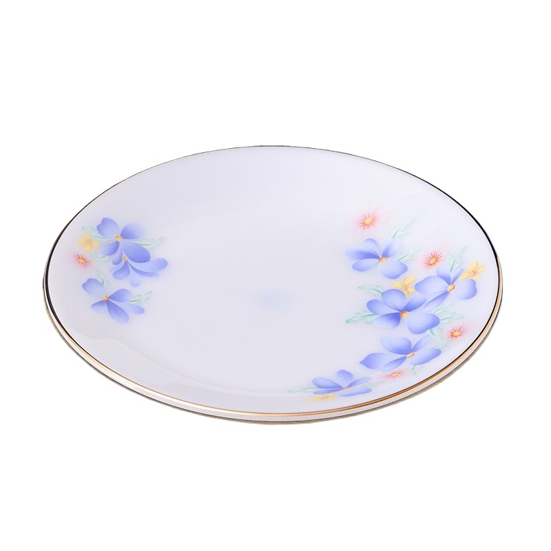 Đĩa tròn nông viền vàng 22K họa tiết hoa màu xanh Thủy Tinh Ngọc USA Homeset cao cấp nhập khẩu chính hãng