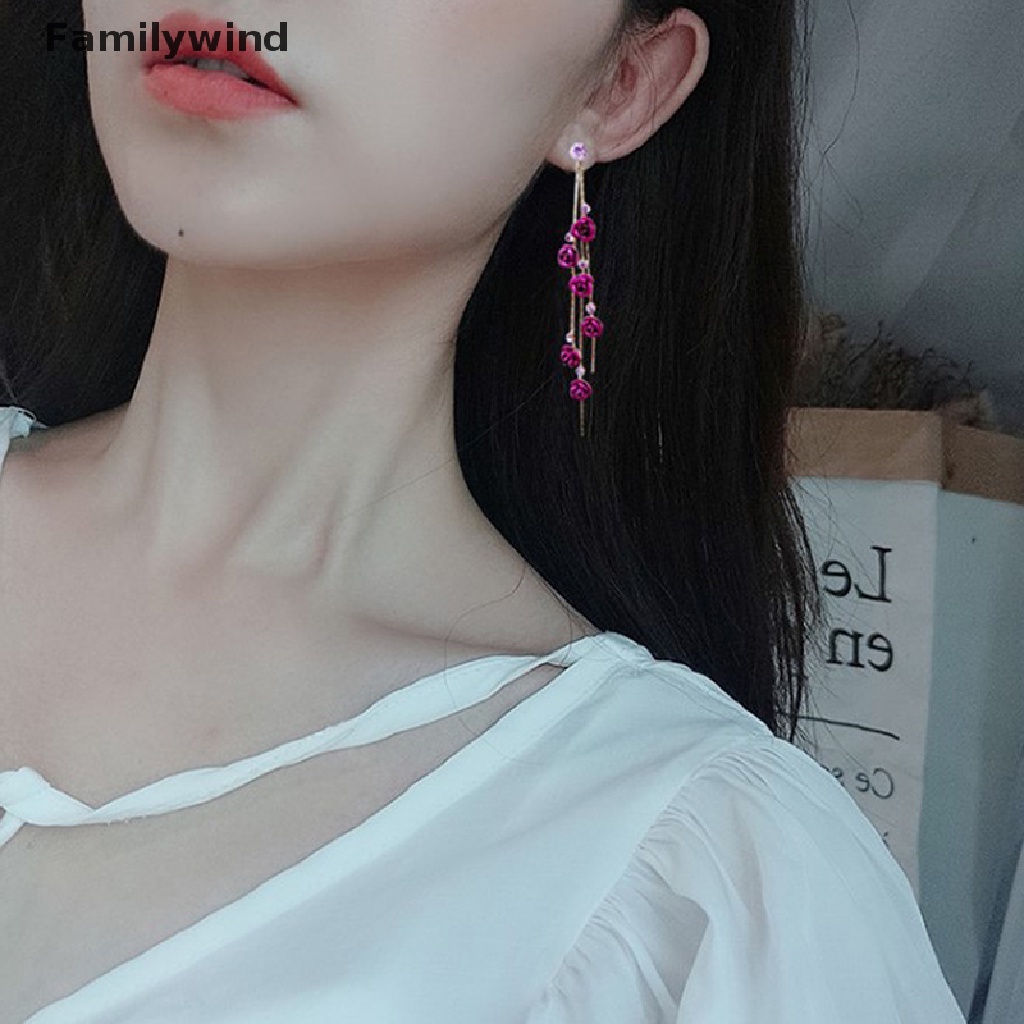 Khuyên Tai Dáng Dài Hình Cánh Hoa Phối Tua Rua Màu Đỏ Tím Lãng Mạn Cho Nữ